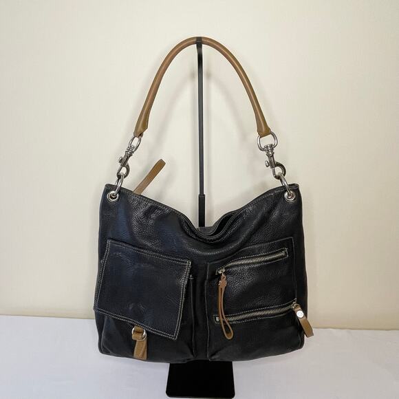 Vintage Paola by Perlina Pebble Leather Black Brown Y2K Utility Handle Bag - Picture 1 of 11
